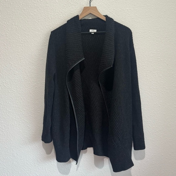 Vince Cardigan Sweater S Small Yak Wool Blend Lamb Leather Open Front Black - Picture 1 of 9